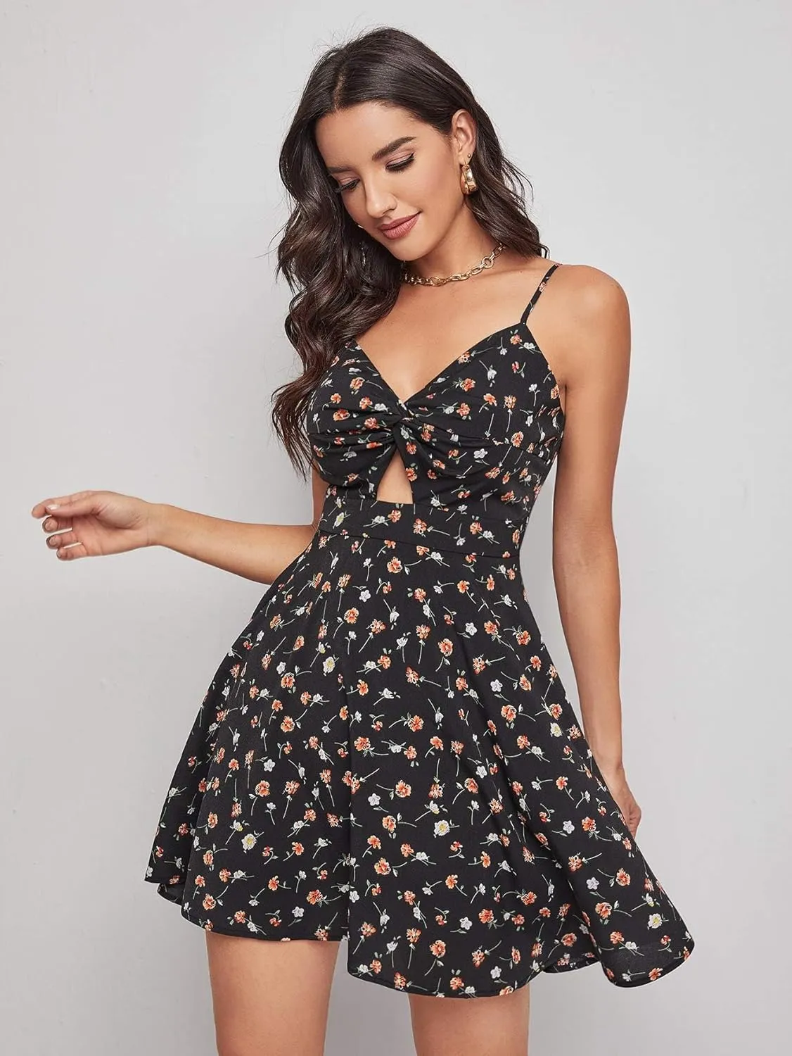 Floerns Women's Boho Floral Print Twist Front Cami A Line Mini Dress
