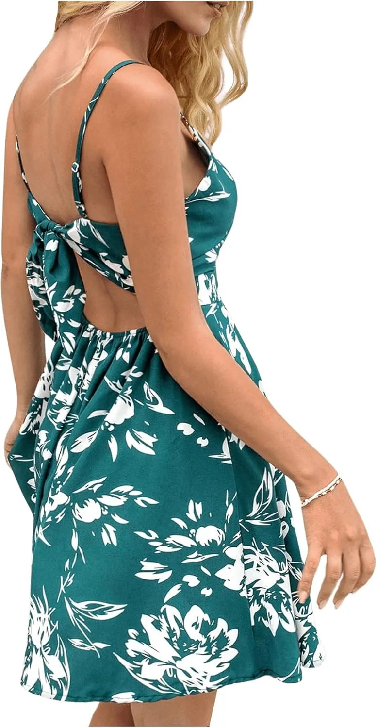 Floerns Women's Boho Floral Print Twist Front Cami A Line Mini Dress