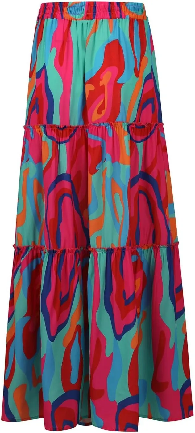 Floral Maxi Skirt for Women Summer 2025 Trendy Boho Elastic High Waisted Skirts A-Line Flowy Long Tiered Maxi Skirts