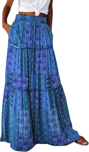 Floral Maxi Skirt for Women Summer 2025 Trendy Boho Elastic High Waisted Skirts A-Line Flowy Long Tiered Maxi Skirts