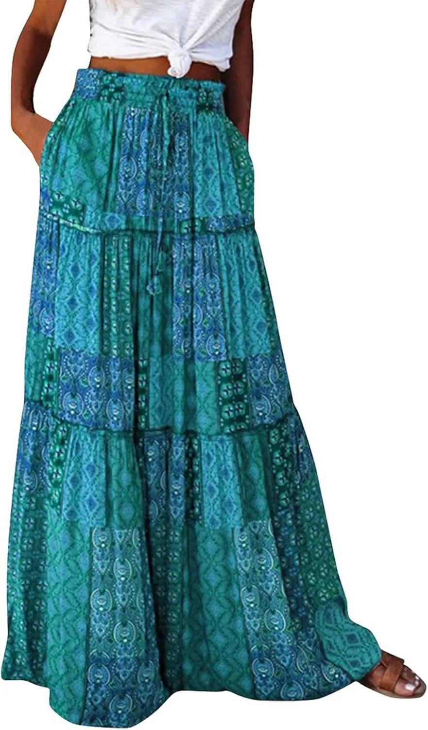 Floral Maxi Skirt for Women Summer 2025 Trendy Boho Elastic High Waisted Skirts A-Line Flowy Long Tiered Maxi Skirts