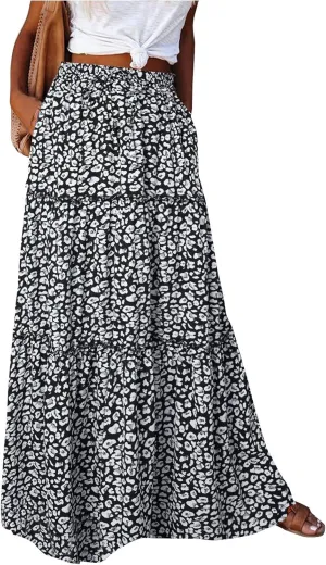Floral Maxi Skirt for Women Summer 2025 Trendy Boho Elastic High Waisted Skirts A-Line Flowy Long Tiered Maxi Skirts