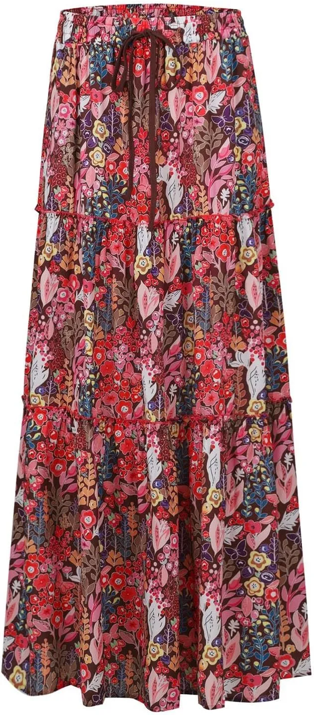 Floral Maxi Skirt for Women Summer 2025 Trendy Boho Elastic High Waisted Skirts A-Line Flowy Long Tiered Maxi Skirts