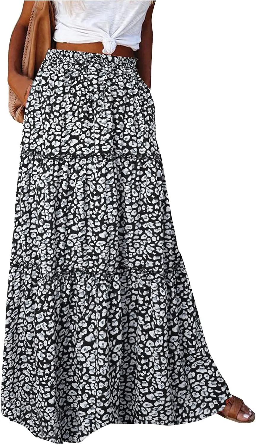 Floral Maxi Skirt for Women Summer 2025 Trendy Boho Elastic High Waisted Skirts A-Line Flowy Long Tiered Maxi Skirts