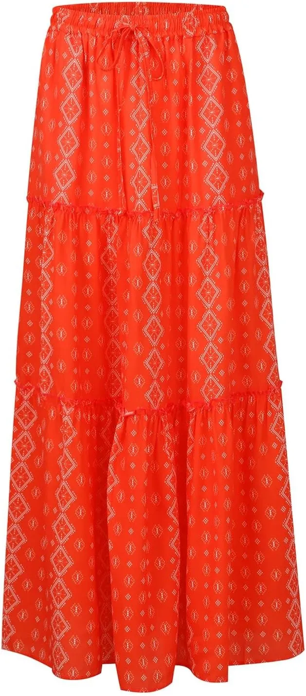 Floral Maxi Skirt for Women Summer 2025 Trendy Boho Elastic High Waisted Skirts A-Line Flowy Long Tiered Maxi Skirts