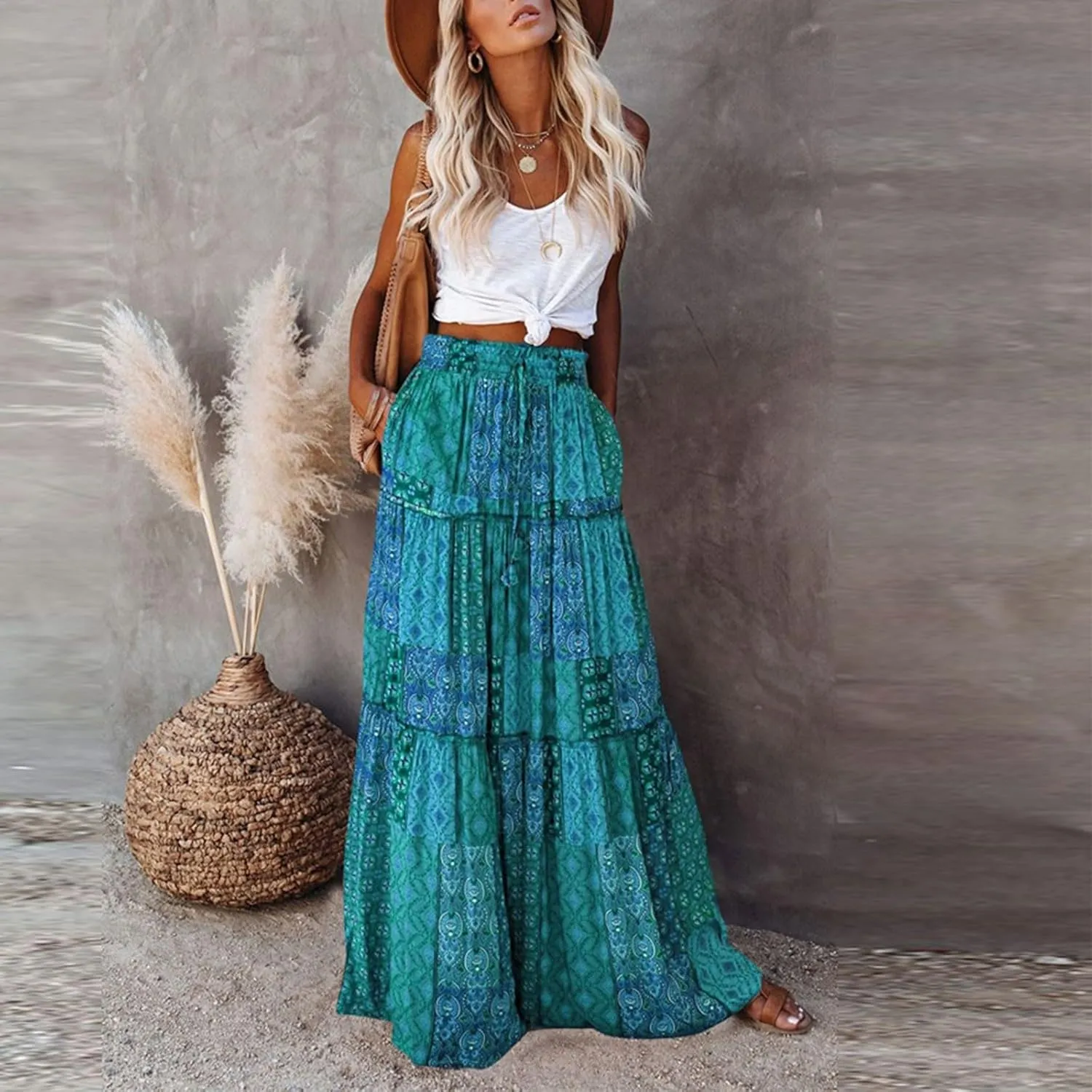 Floral Maxi Skirt for Women Summer 2025 Trendy Boho Elastic High Waisted Skirts A-Line Flowy Long Tiered Maxi Skirts