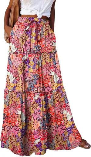 Floral Maxi Skirt for Women Summer 2025 Trendy Boho Elastic High Waisted Skirts A-Line Flowy Long Tiered Maxi Skirts