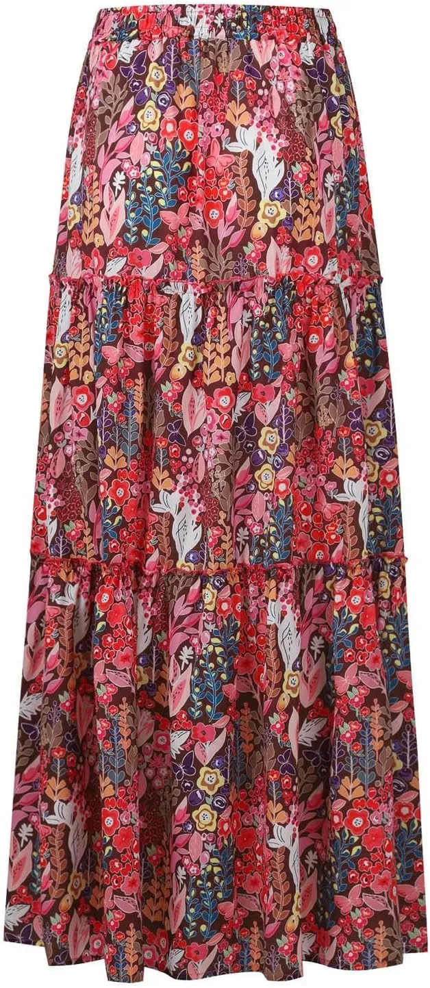 Floral Maxi Skirt for Women Summer 2025 Trendy Boho Elastic High Waisted Skirts A-Line Flowy Long Tiered Maxi Skirts