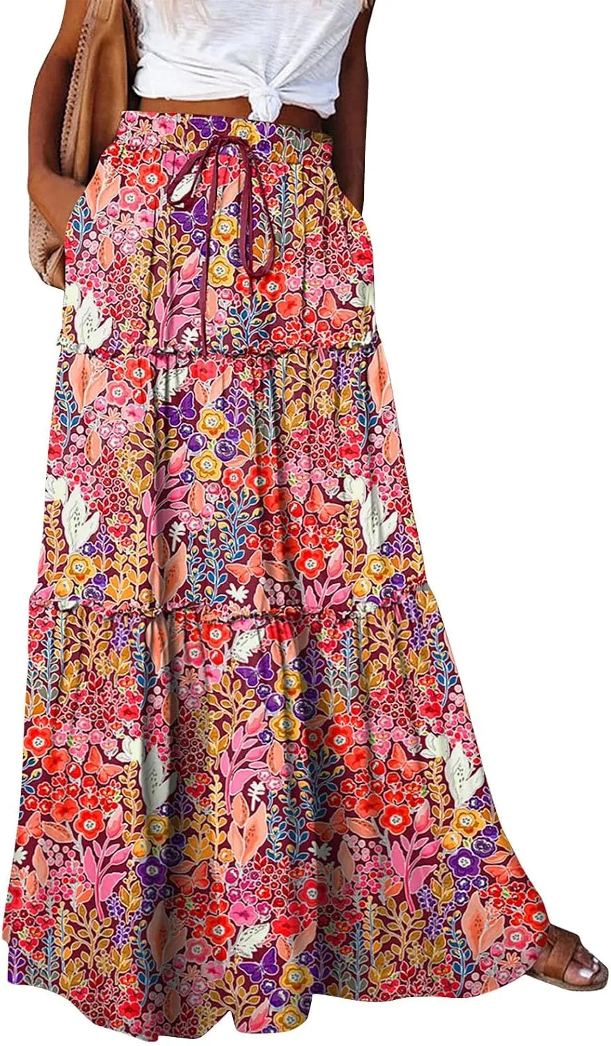 Floral Maxi Skirt for Women Summer 2025 Trendy Boho Elastic High Waisted Skirts A-Line Flowy Long Tiered Maxi Skirts
