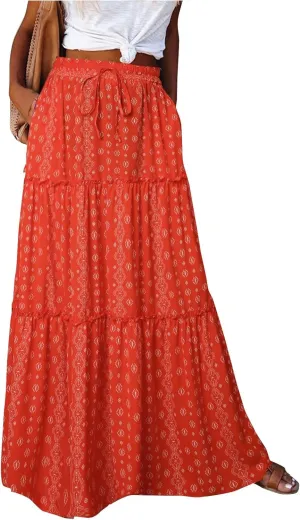 Floral Maxi Skirt for Women Summer 2025 Trendy Boho Elastic High Waisted Skirts A-Line Flowy Long Tiered Maxi Skirts