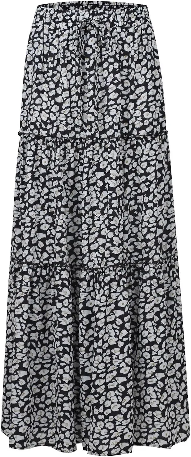 Floral Maxi Skirt for Women Summer 2025 Trendy Boho Elastic High Waisted Skirts A-Line Flowy Long Tiered Maxi Skirts