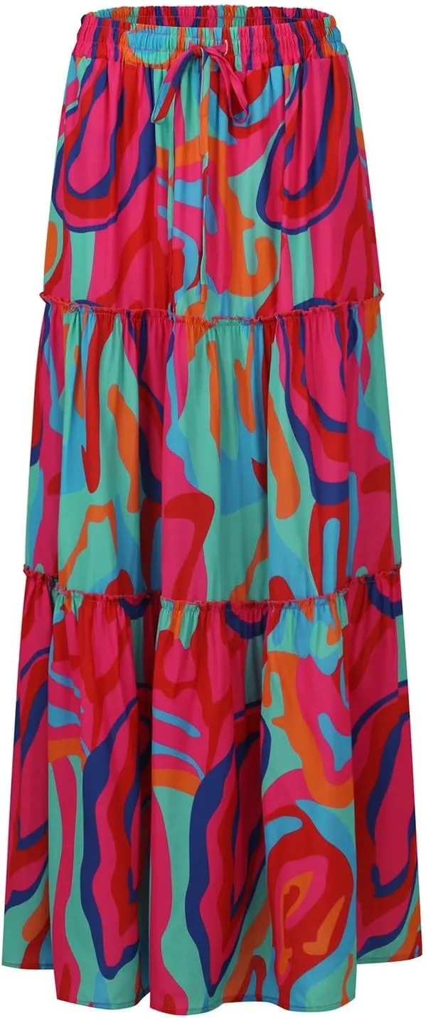 Floral Maxi Skirt for Women Summer 2025 Trendy Boho Elastic High Waisted Skirts A-Line Flowy Long Tiered Maxi Skirts