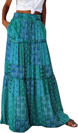 Floral Maxi Skirt for Women Summer 2025 Trendy Boho Elastic High Waisted Skirts A-Line Flowy Long Tiered Maxi Skirts