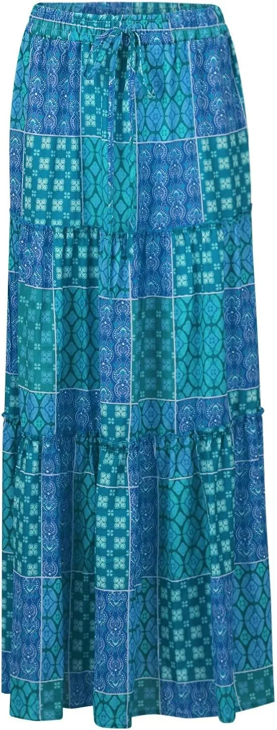 Floral Maxi Skirt for Women Summer 2025 Trendy Boho Elastic High Waisted Skirts A-Line Flowy Long Tiered Maxi Skirts