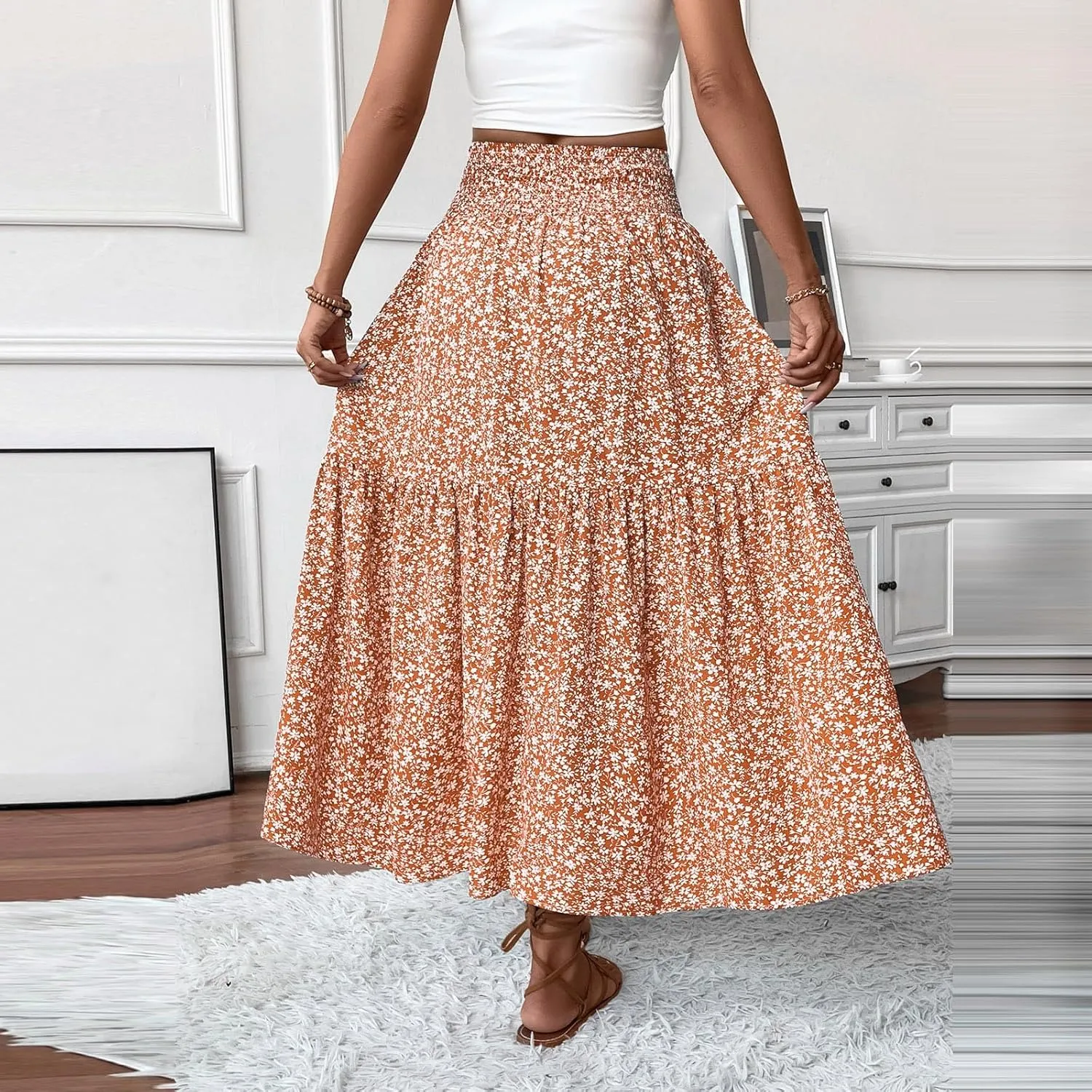 Floral Maxi Skirts for Women Casual Summer Elastic High Waisted Skirts Tiered Flowy A Line Long Skirt with Pockets