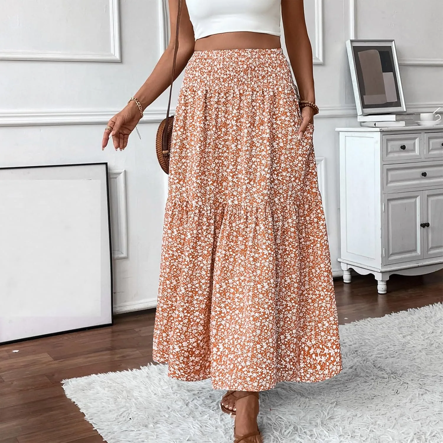 Floral Maxi Skirts for Women Casual Summer Elastic High Waisted Skirts Tiered Flowy A Line Long Skirt with Pockets