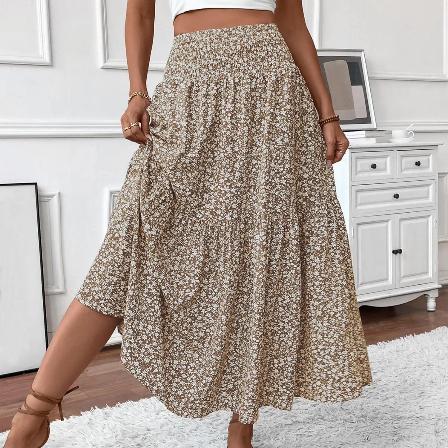 Floral Maxi Skirts for Women Casual Summer Elastic High Waisted Skirts Tiered Flowy A Line Long Skirt with Pockets