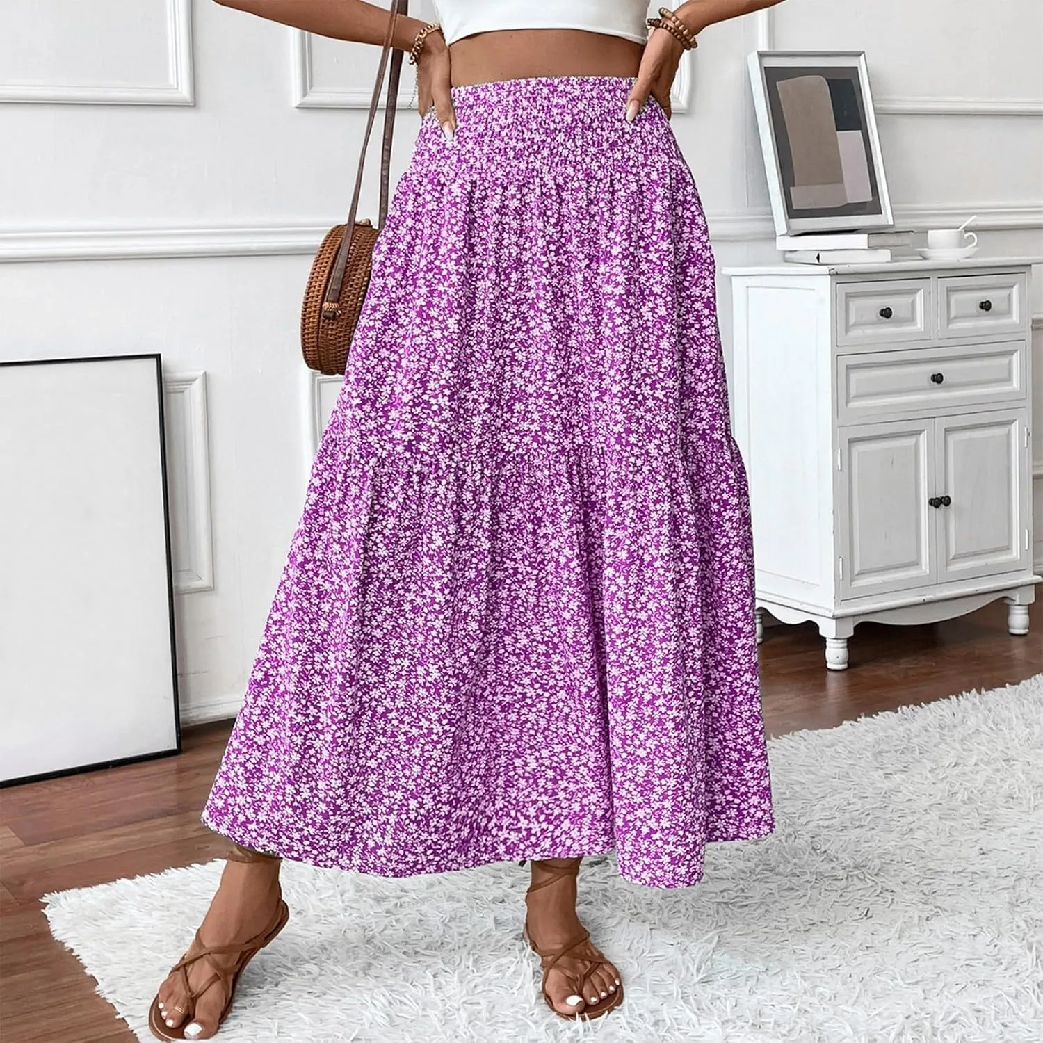 Floral Maxi Skirts for Women Casual Summer Elastic High Waisted Skirts Tiered Flowy A Line Long Skirt with Pockets