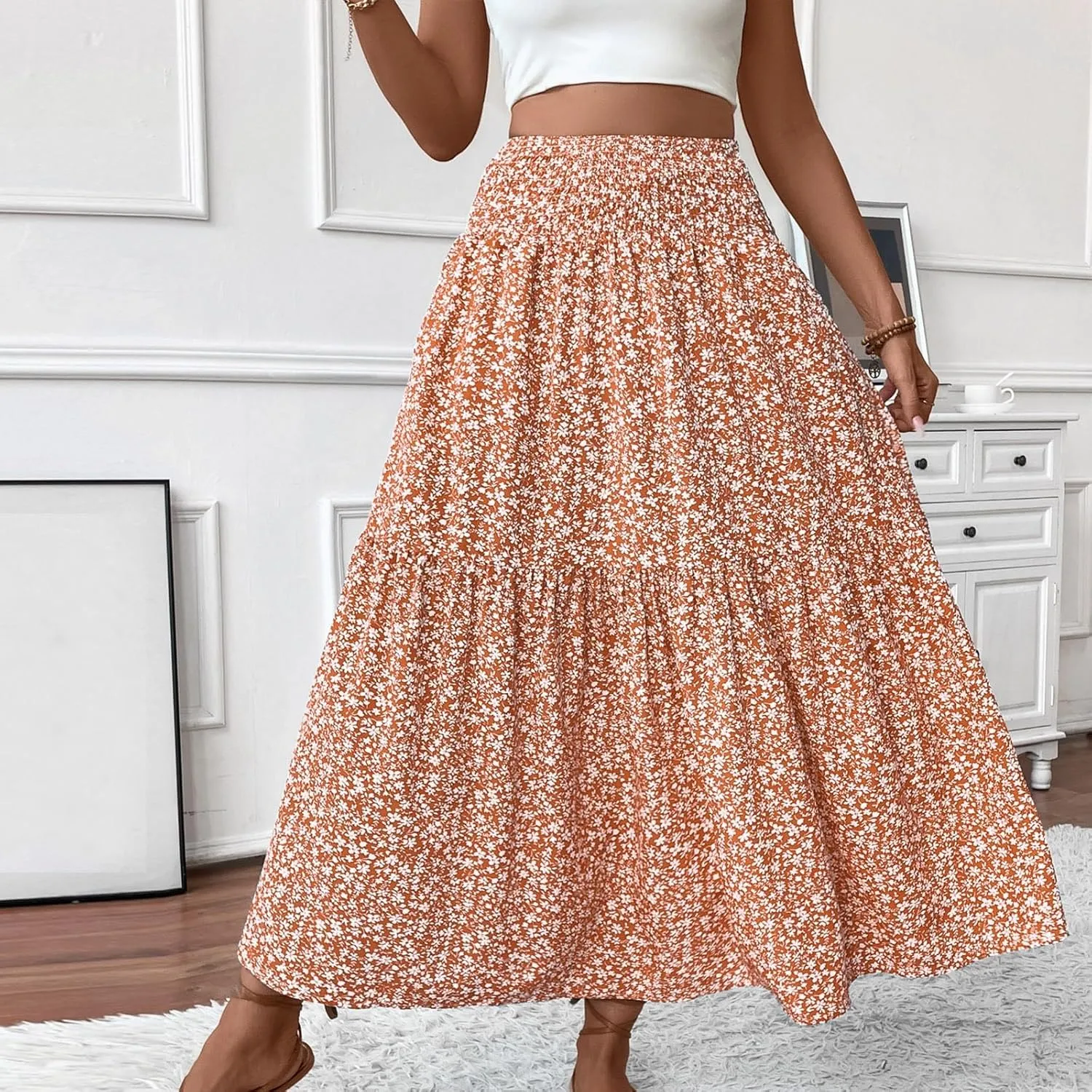 Floral Maxi Skirts for Women Casual Summer Elastic High Waisted Skirts Tiered Flowy A Line Long Skirt with Pockets