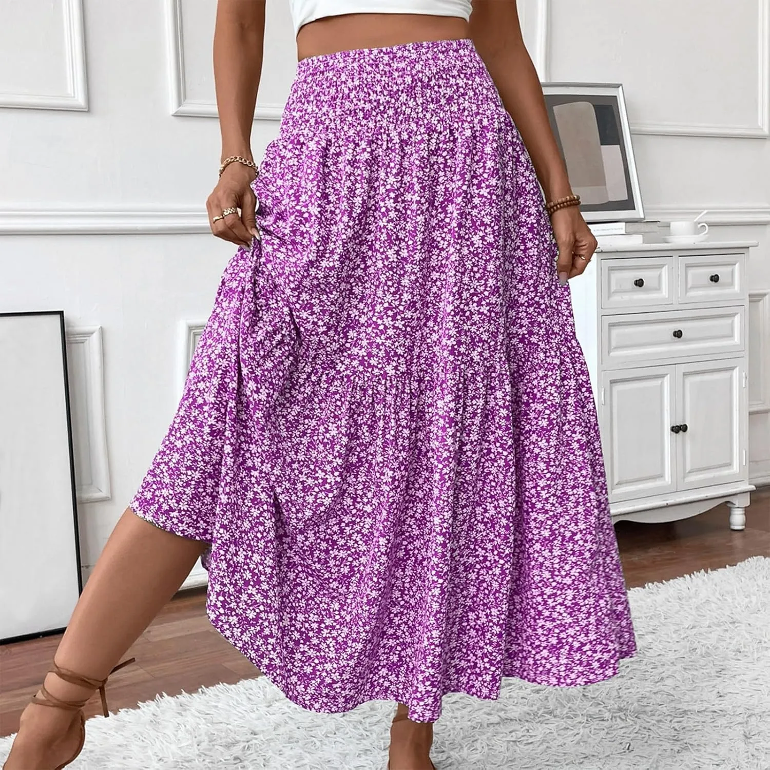 Floral Maxi Skirts for Women Casual Summer Elastic High Waisted Skirts Tiered Flowy A Line Long Skirt with Pockets