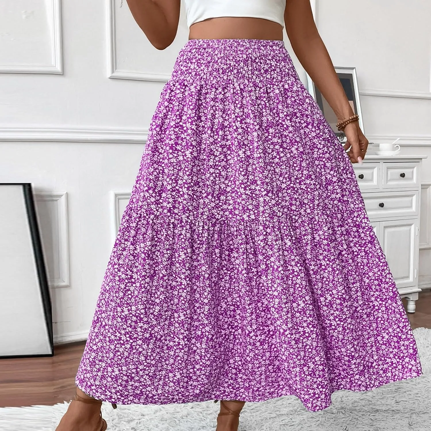 Floral Maxi Skirts for Women Casual Summer Elastic High Waisted Skirts Tiered Flowy A Line Long Skirt with Pockets
