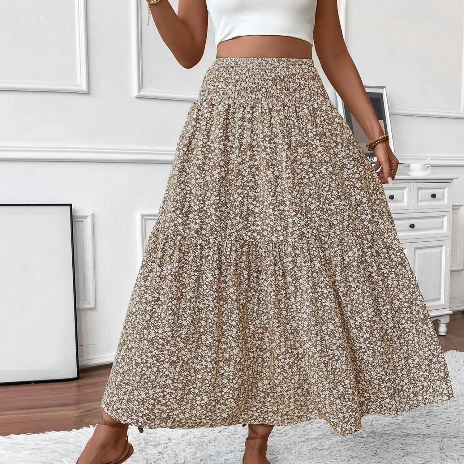 Floral Maxi Skirts for Women Casual Summer Elastic High Waisted Skirts Tiered Flowy A Line Long Skirt with Pockets