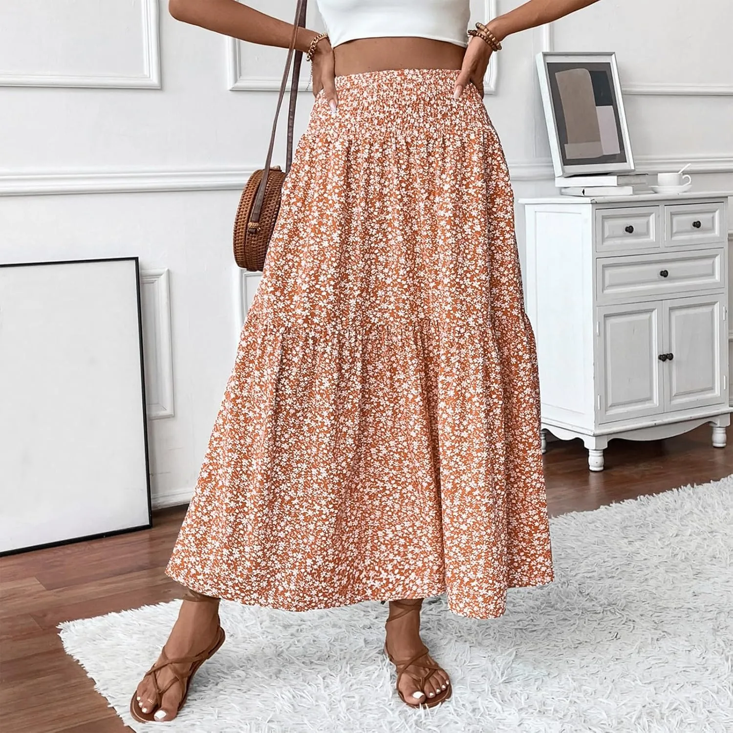 Floral Maxi Skirts for Women Casual Summer Elastic High Waisted Skirts Tiered Flowy A Line Long Skirt with Pockets