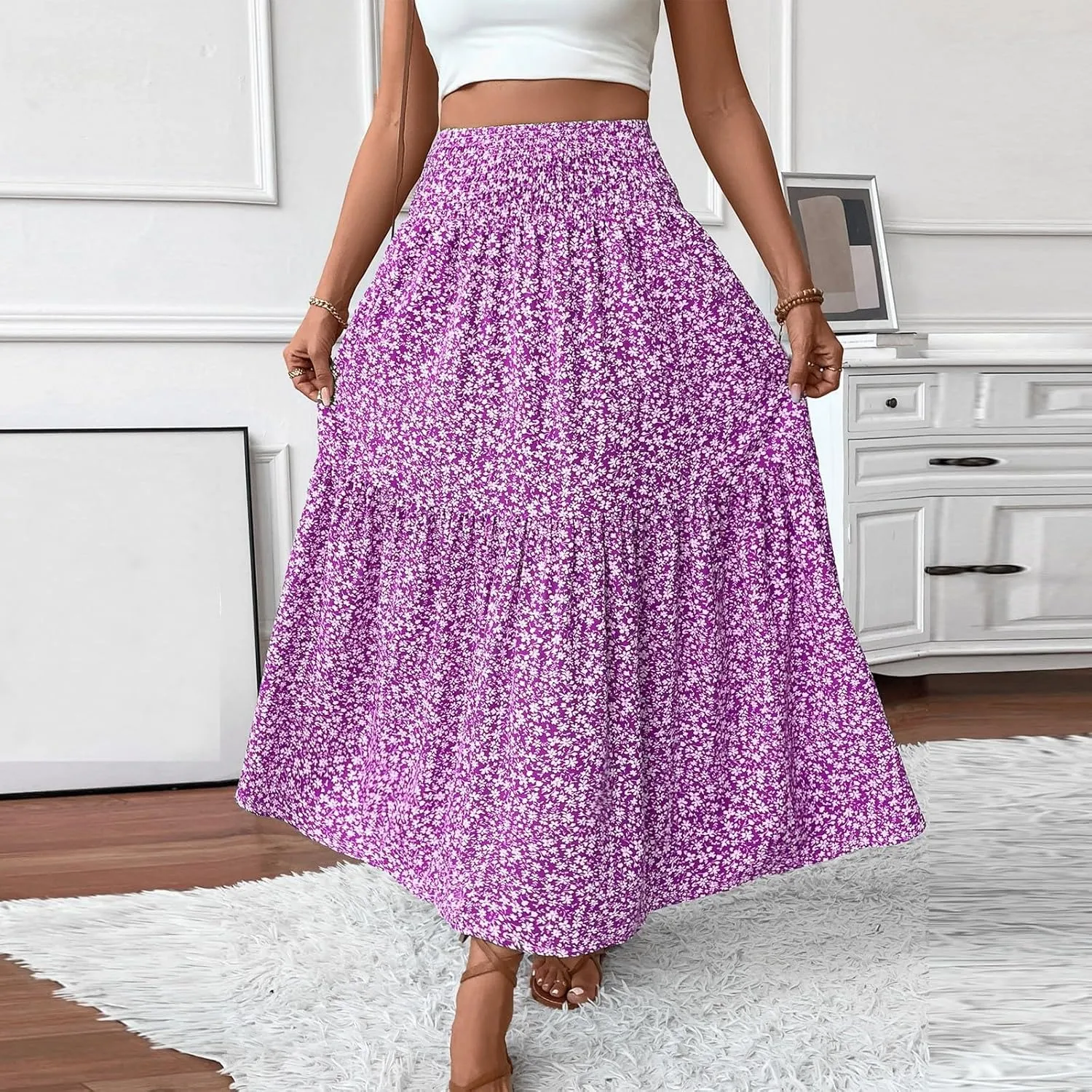 Floral Maxi Skirts for Women Casual Summer Elastic High Waisted Skirts Tiered Flowy A Line Long Skirt with Pockets
