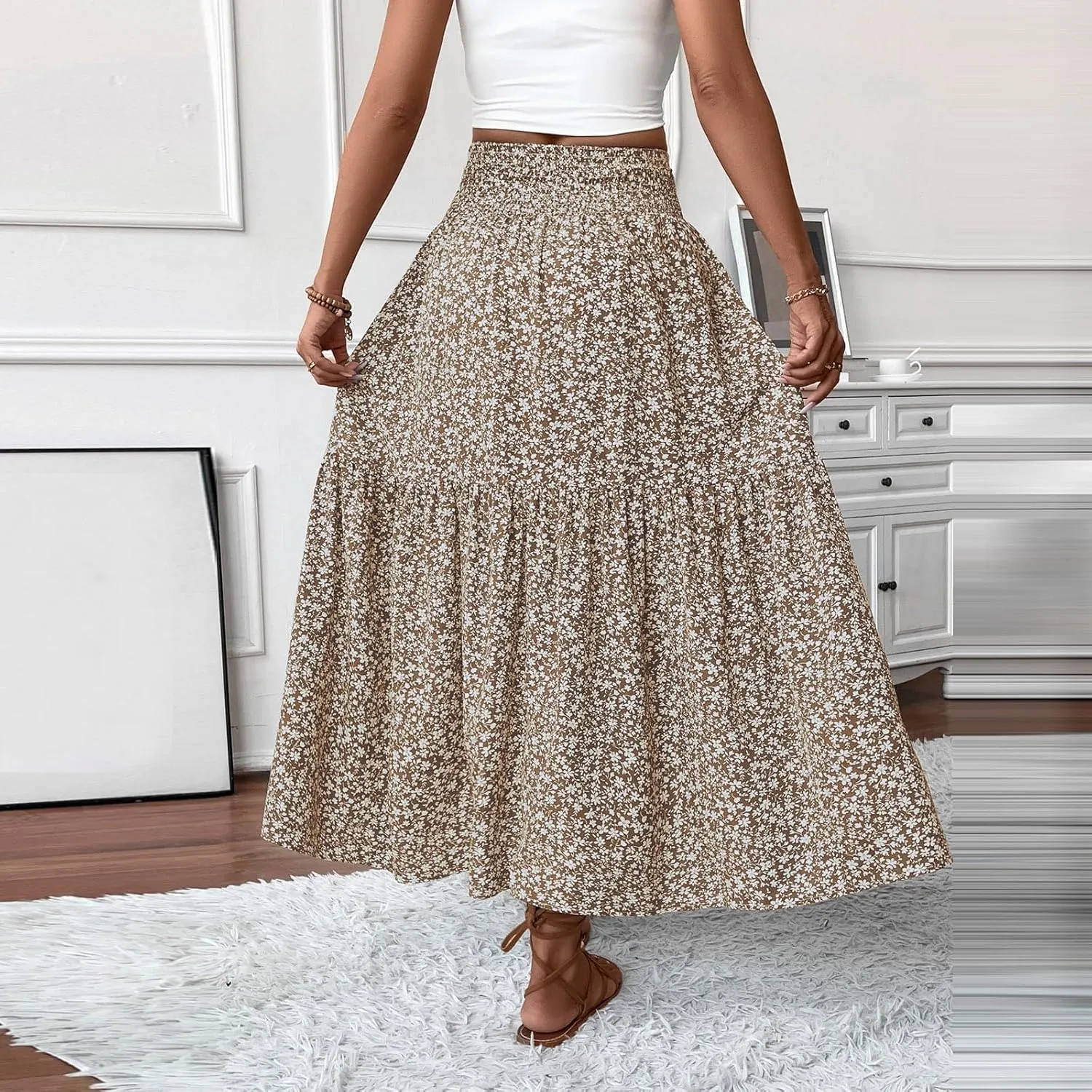 Floral Maxi Skirts for Women Casual Summer Elastic High Waisted Skirts Tiered Flowy A Line Long Skirt with Pockets