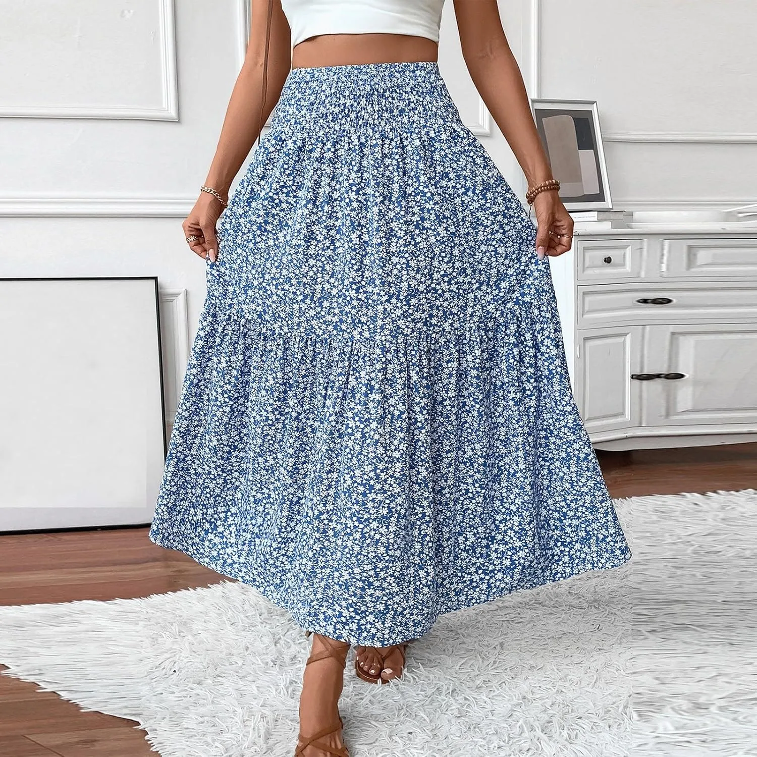 Floral Maxi Skirts for Women Casual Summer Elastic High Waisted Skirts Tiered Flowy A Line Long Skirt with Pockets