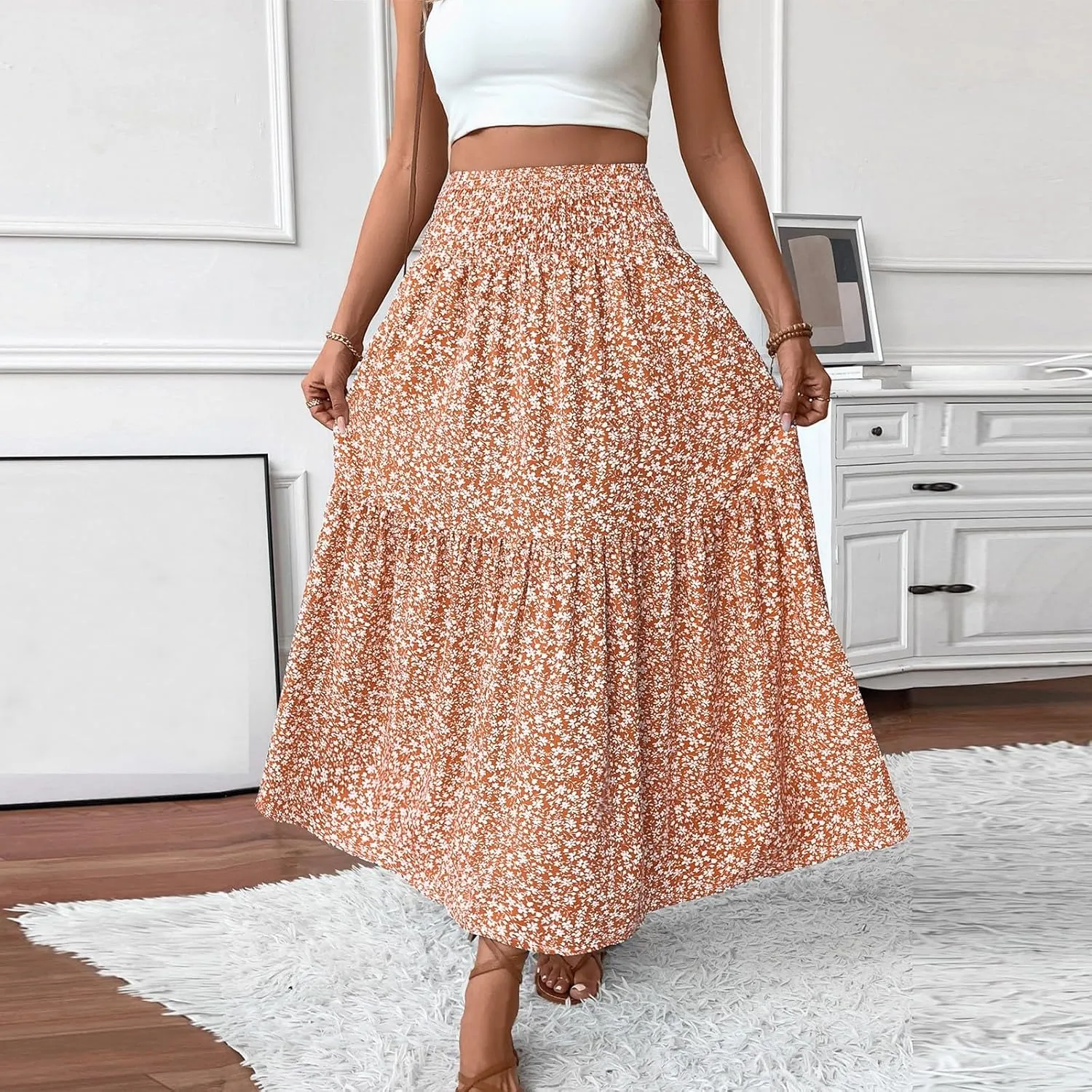 Floral Maxi Skirts for Women Casual Summer Elastic High Waisted Skirts Tiered Flowy A Line Long Skirt with Pockets