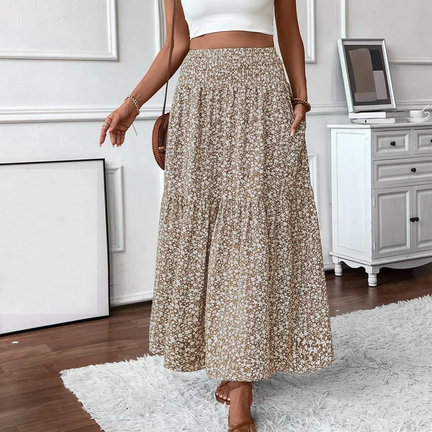 Floral Maxi Skirts for Women Casual Summer Elastic High Waisted Skirts Tiered Flowy A Line Long Skirt with Pockets