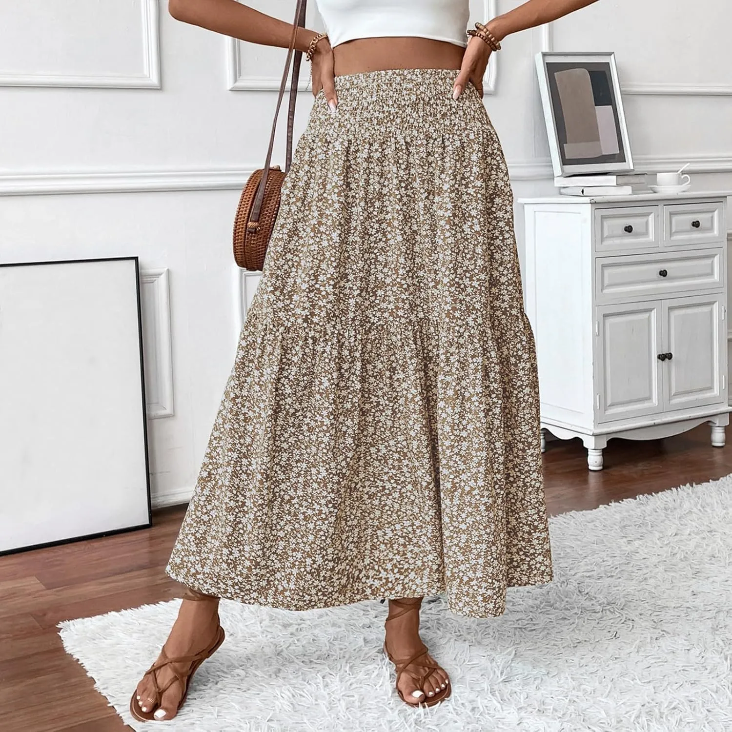 Floral Maxi Skirts for Women Casual Summer Elastic High Waisted Skirts Tiered Flowy A Line Long Skirt with Pockets