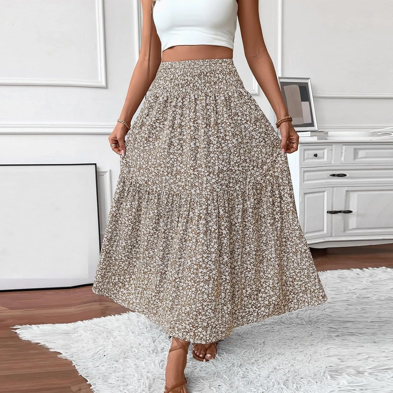 Floral Maxi Skirts for Women Casual Summer Elastic High Waisted Skirts Tiered Flowy A Line Long Skirt with Pockets