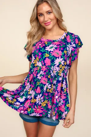 Floral Peplum Ruffle Short Sleeve Top - Navy/Lilac