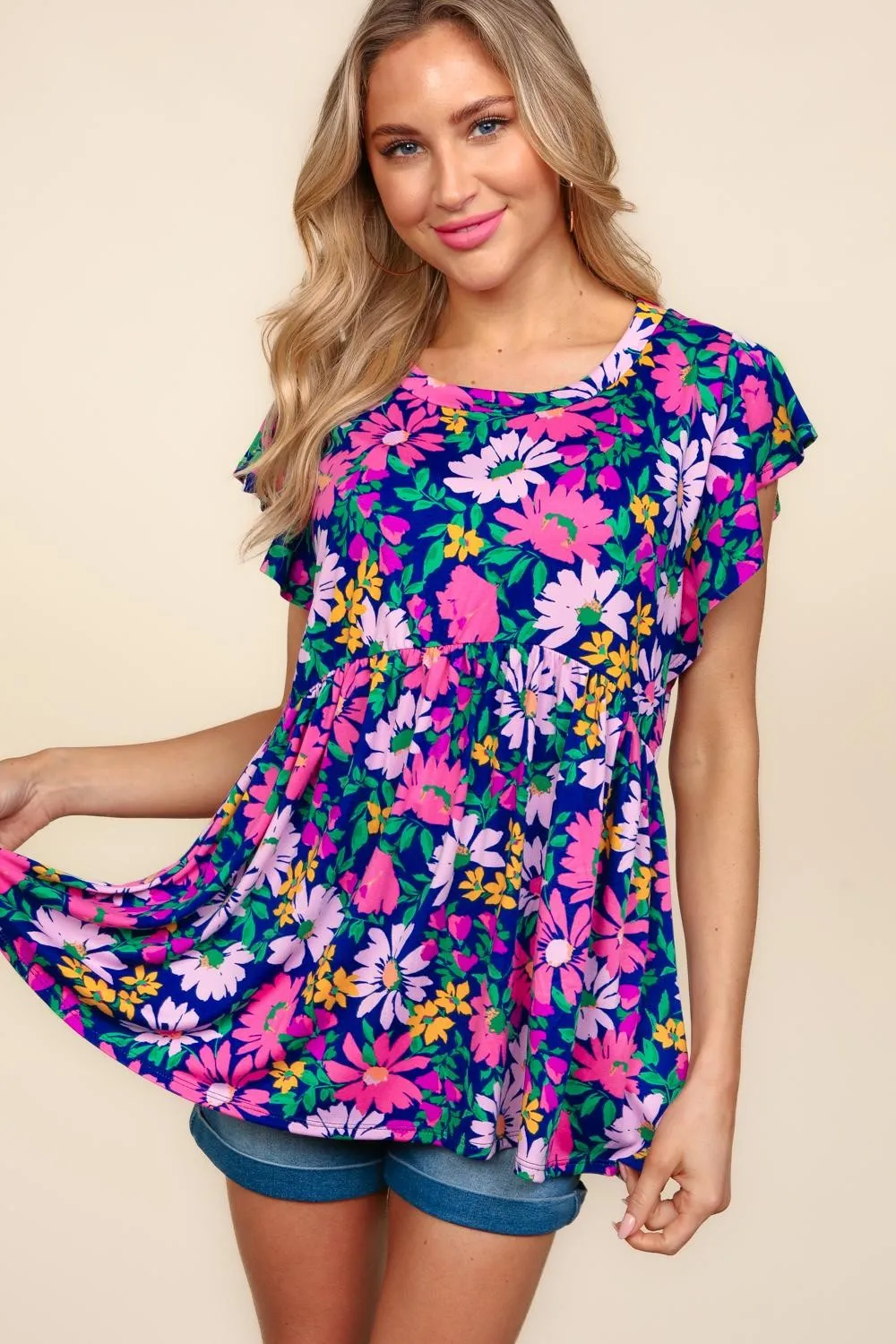 Floral Peplum Ruffle Short Sleeve Top - Navy/Lilac