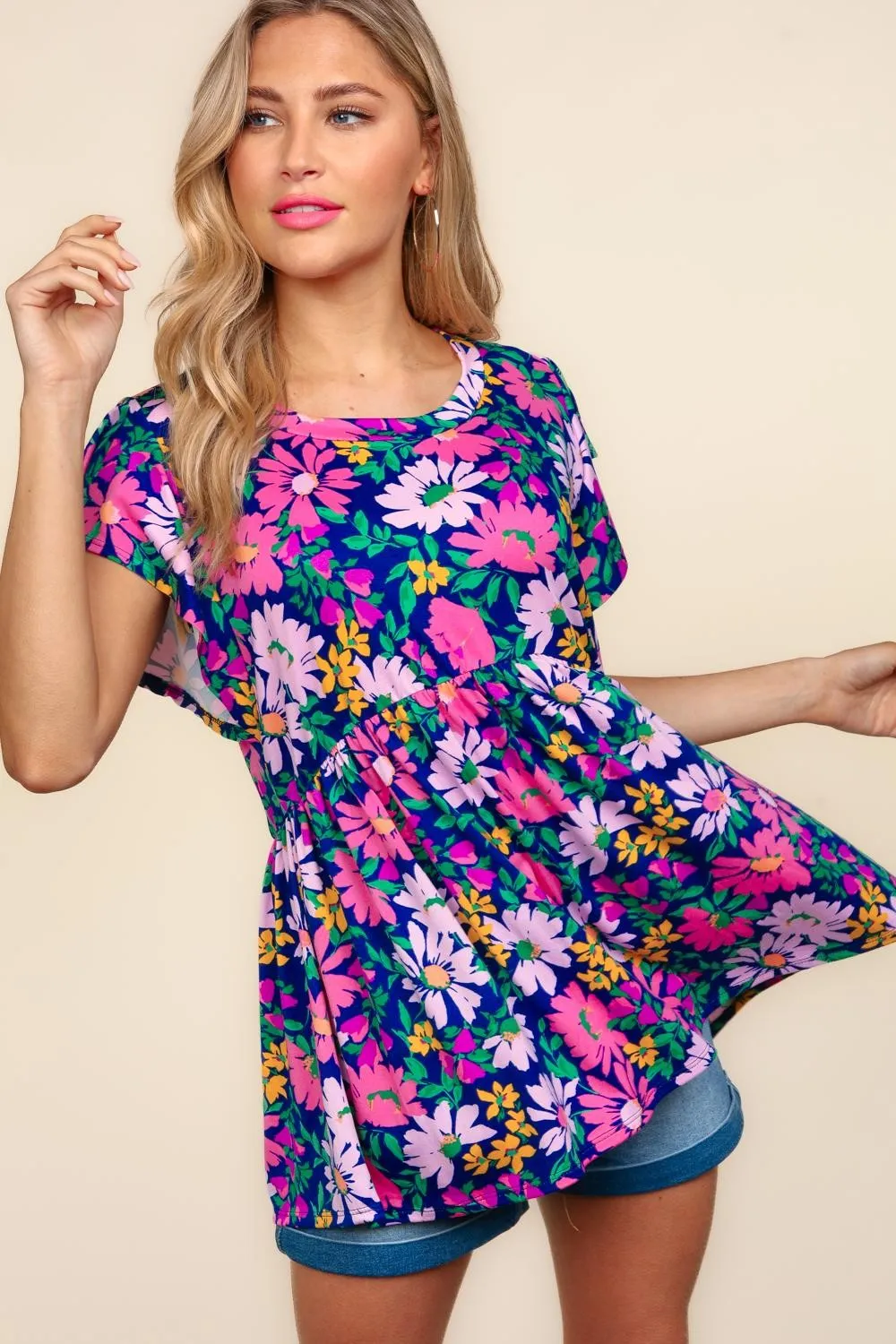 Floral Peplum Ruffle Short Sleeve Top - Navy/Lilac