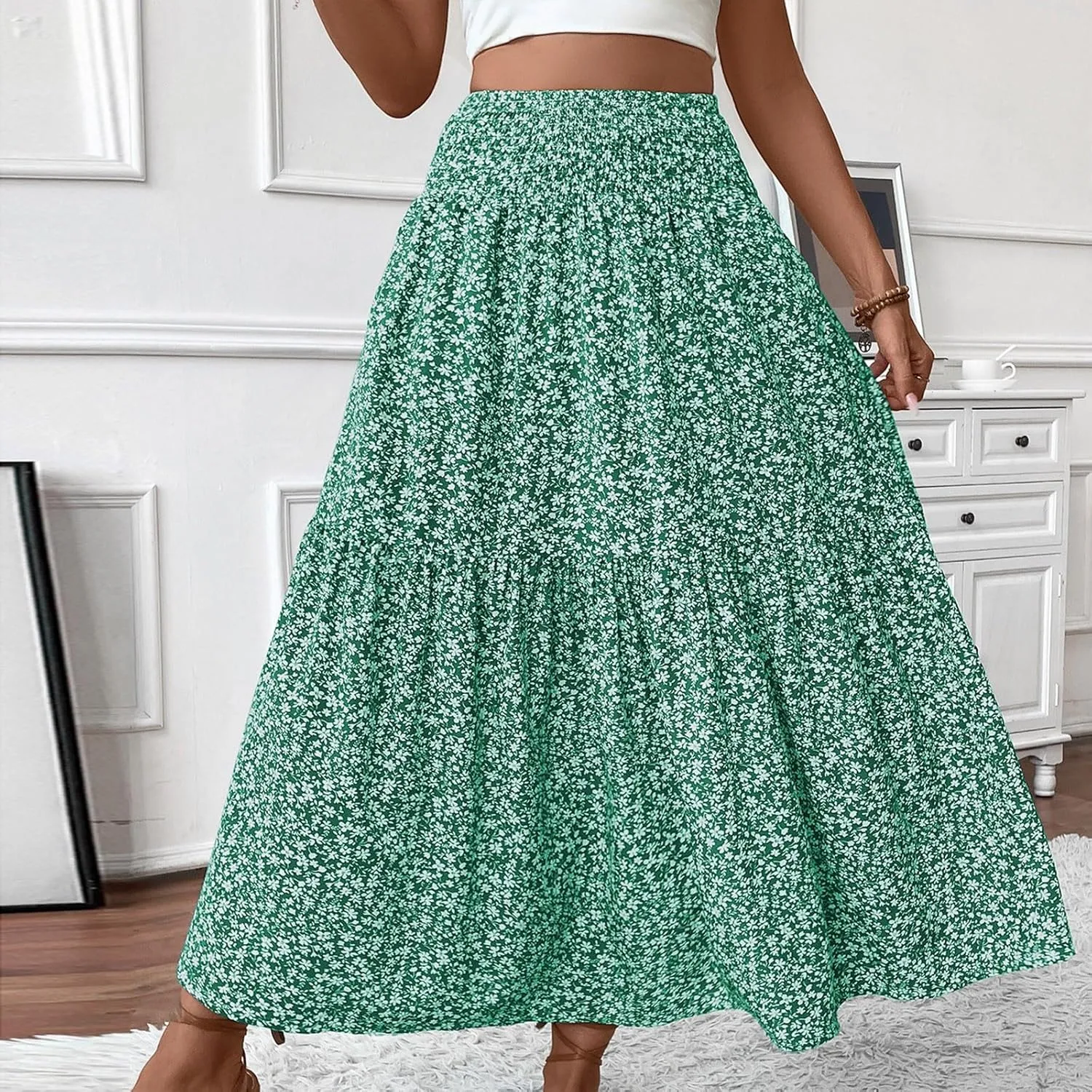 Floral Skirts for Women Summer Flowy Tiered Elastic High Waisted Print Swing Skirt Vacation A-Line Long Midi Skirts