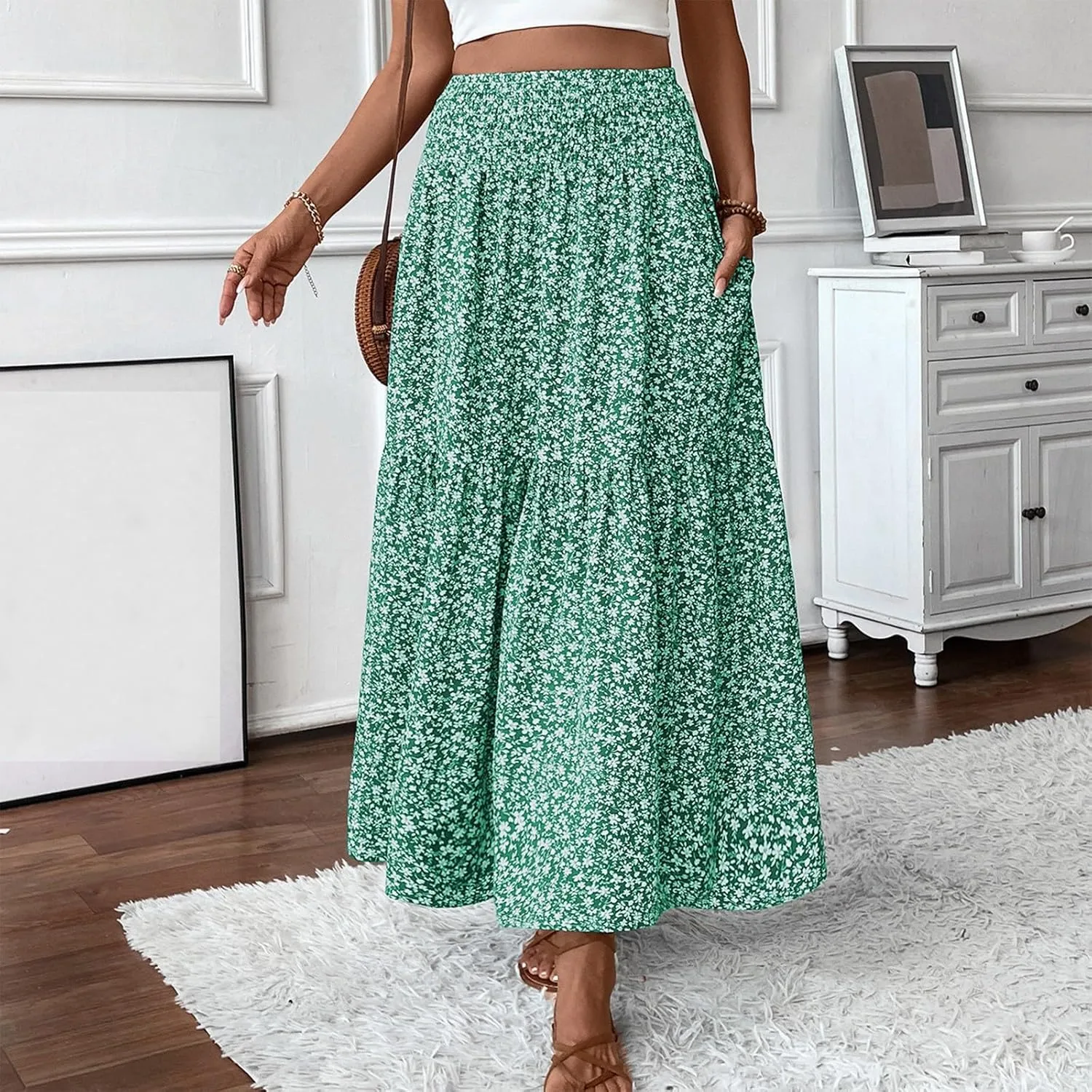 Floral Skirts for Women Summer Flowy Tiered Elastic High Waisted Print Swing Skirt Vacation A-Line Long Midi Skirts