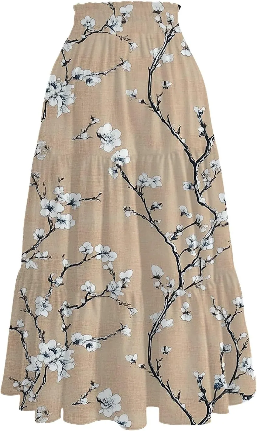 Floral Skirts for Women Summer Loose Casual Trendy Elastic Waist Flowy Beach Boho Maxi Skirt, S-2XL