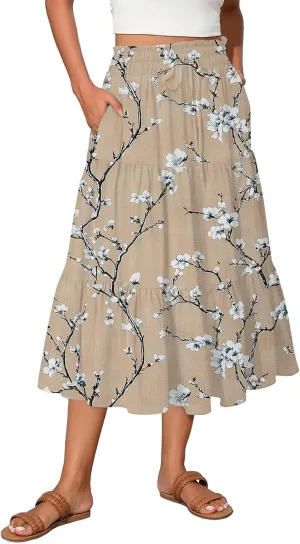 Floral Skirts for Women Summer Loose Casual Trendy Elastic Waist Flowy Beach Boho Maxi Skirt, S-2XL