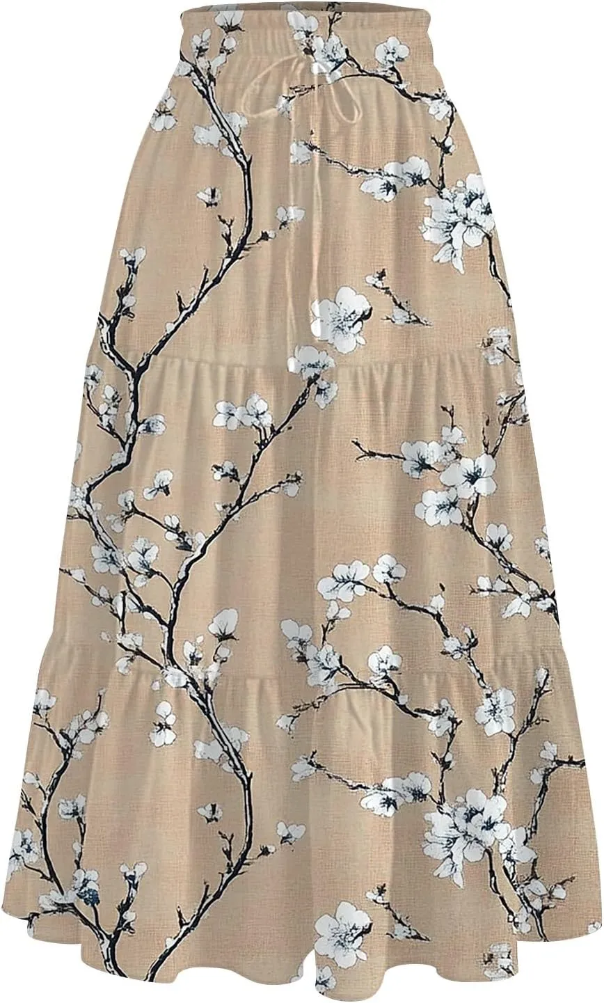 Floral Skirts for Women Summer Loose Casual Trendy Elastic Waist Flowy Beach Boho Maxi Skirt, S-2XL