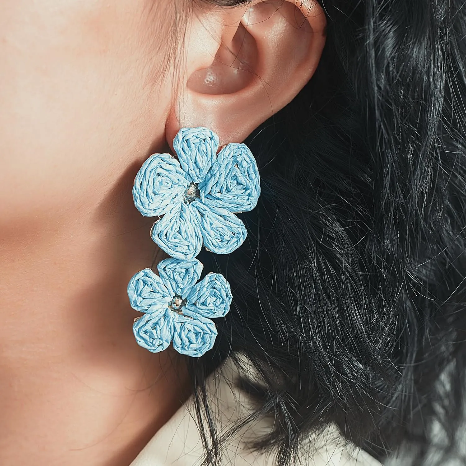 Flower Drop Earrings Floral Raffia Earrings Boho Statement Dangle Earrings Trendy Cute Summer Jewelry for Women