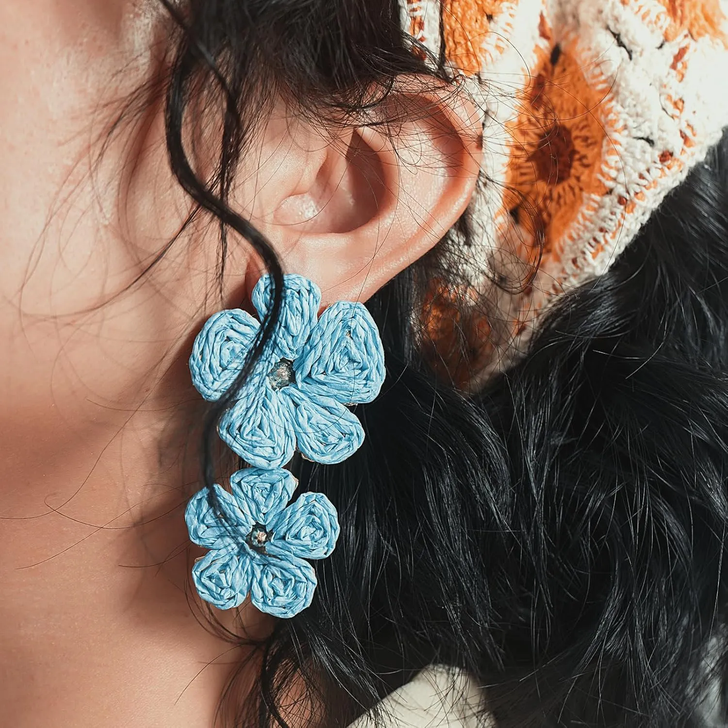 Flower Drop Earrings Floral Raffia Earrings Boho Statement Dangle Earrings Trendy Cute Summer Jewelry for Women