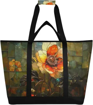 Flowers Leaf Large Insulated Reusable Tote Bag for Grocery Shopping for Women Men, Cooler Bag with Zippered Top & Handles for Travel Beach Picnic