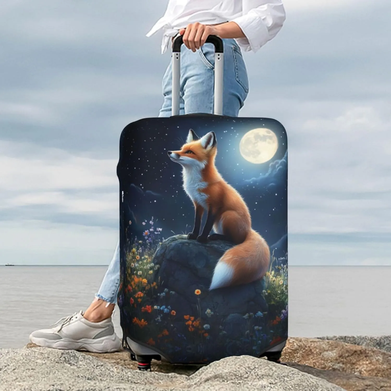Fox Moon Flowers Luggage Cover Suitcase Cover Protector Travel Suitcase Cover