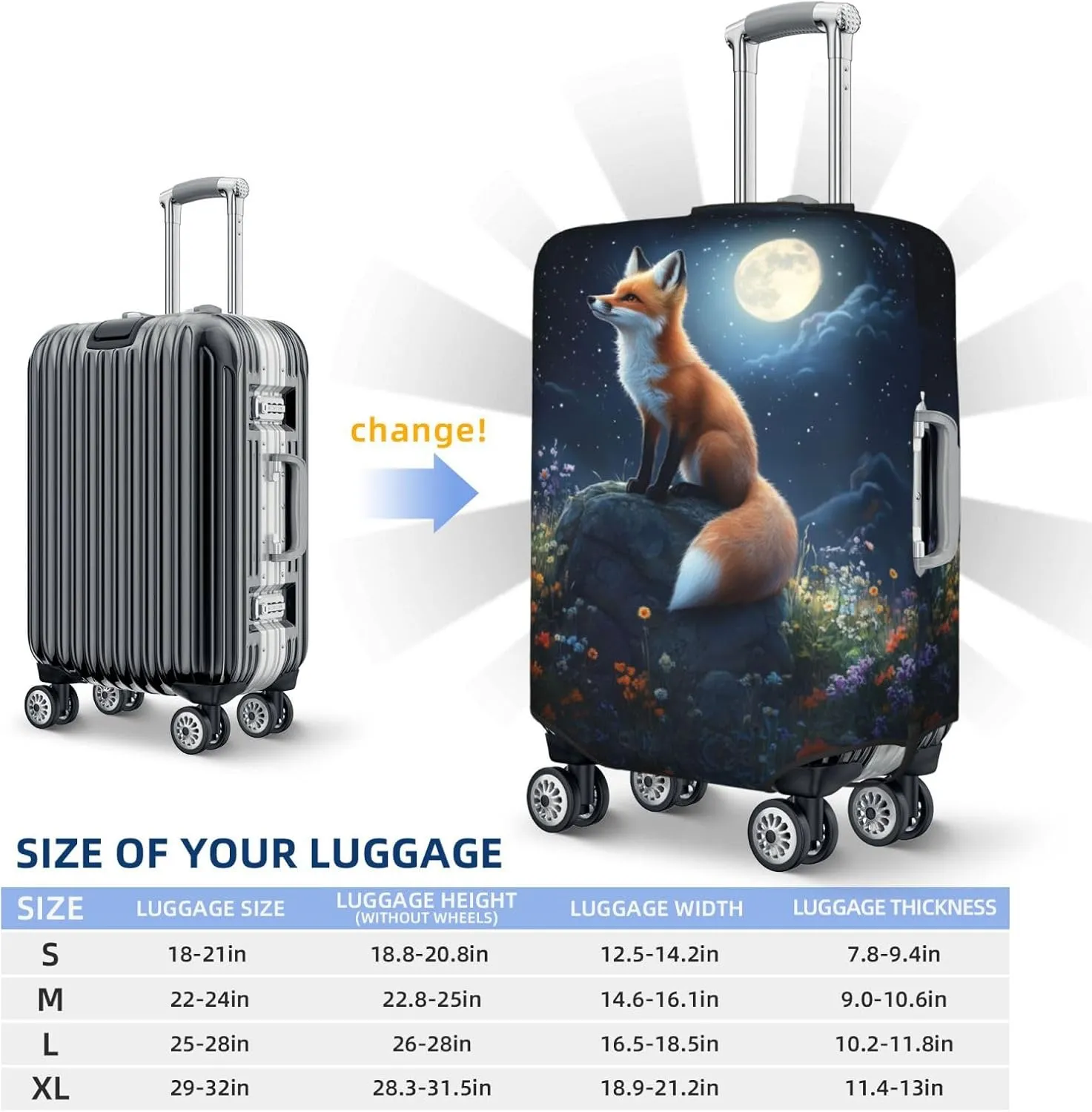 Fox Moon Flowers Luggage Cover Suitcase Cover Protector Travel Suitcase Cover
