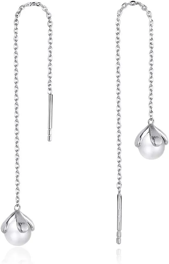 Freshwater Cultured Pearl Threader Tassel Chain Earrings S925 Sterling Silver Delicate Dangle Charm Drop Long Chains Ear Line Stud Earring Hoops Hypoallergenic Cute Jewelry Gifts for Women BFF