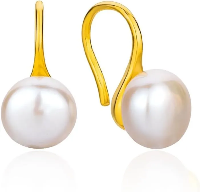 Freshwater Pearl Earrings Women 14K Yellow Gold Plated Pearl Dangle Earrings Fishhook Earring 925 Sterling Silver Post Pearl Drop Earrings (Golden)