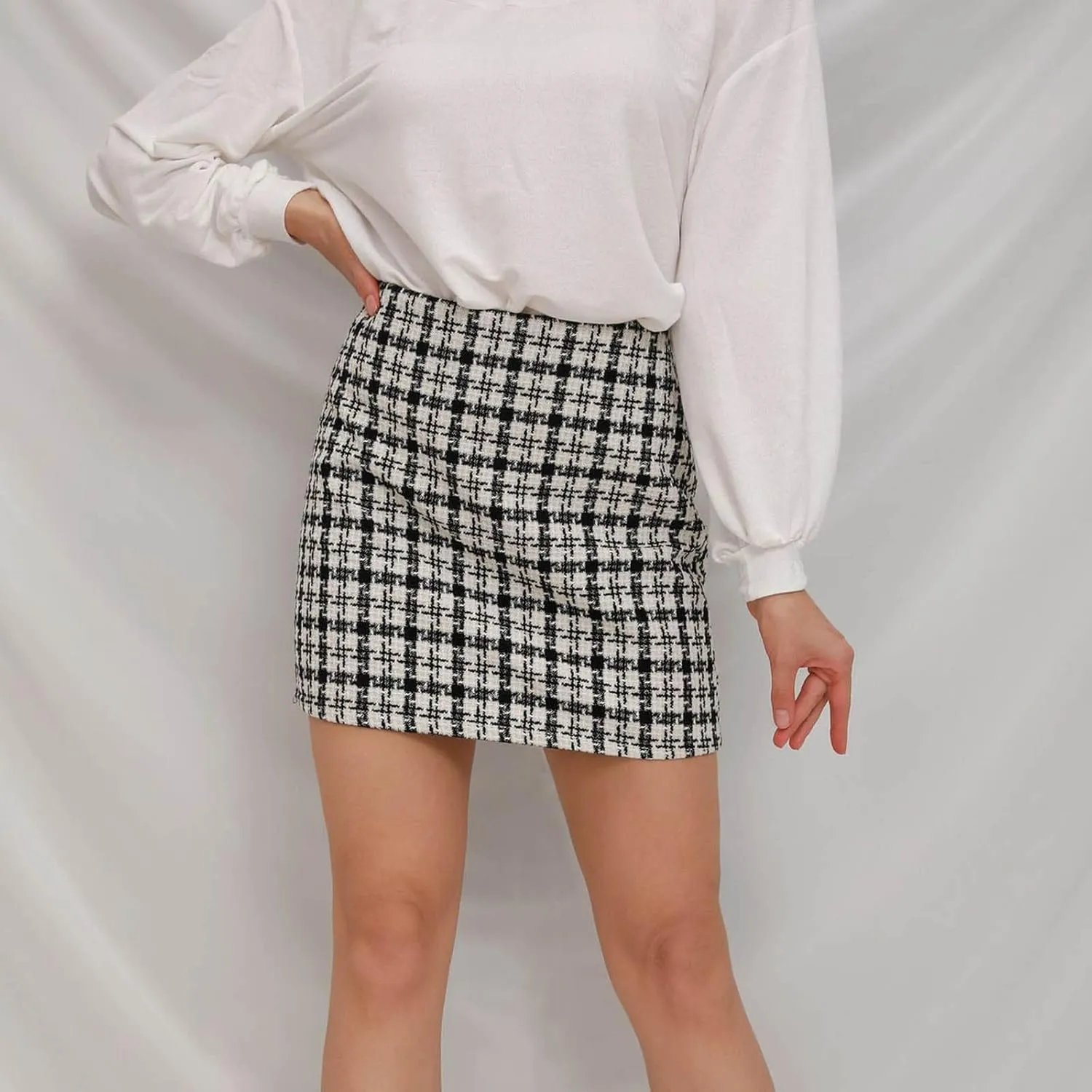 FZYLQY Women's High Waisted Houndstooth Skirts Colorblock Trendy Tight Warp Skirts Spring Summer Tweed Casual Short Skirt